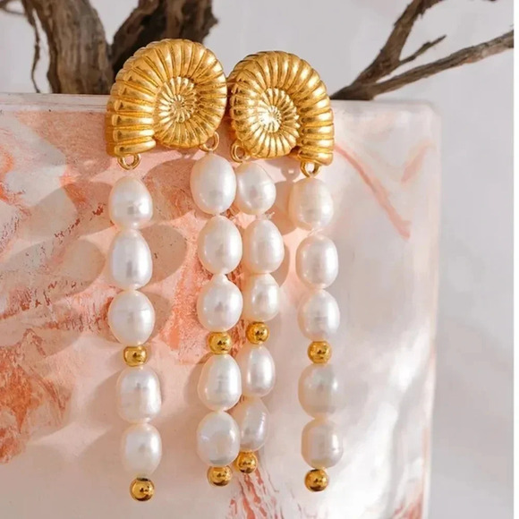 Freshwater Pearl 18K Gold Stainless Steel Waterproof Tassel Shell Earrings - Picture 1 of 15